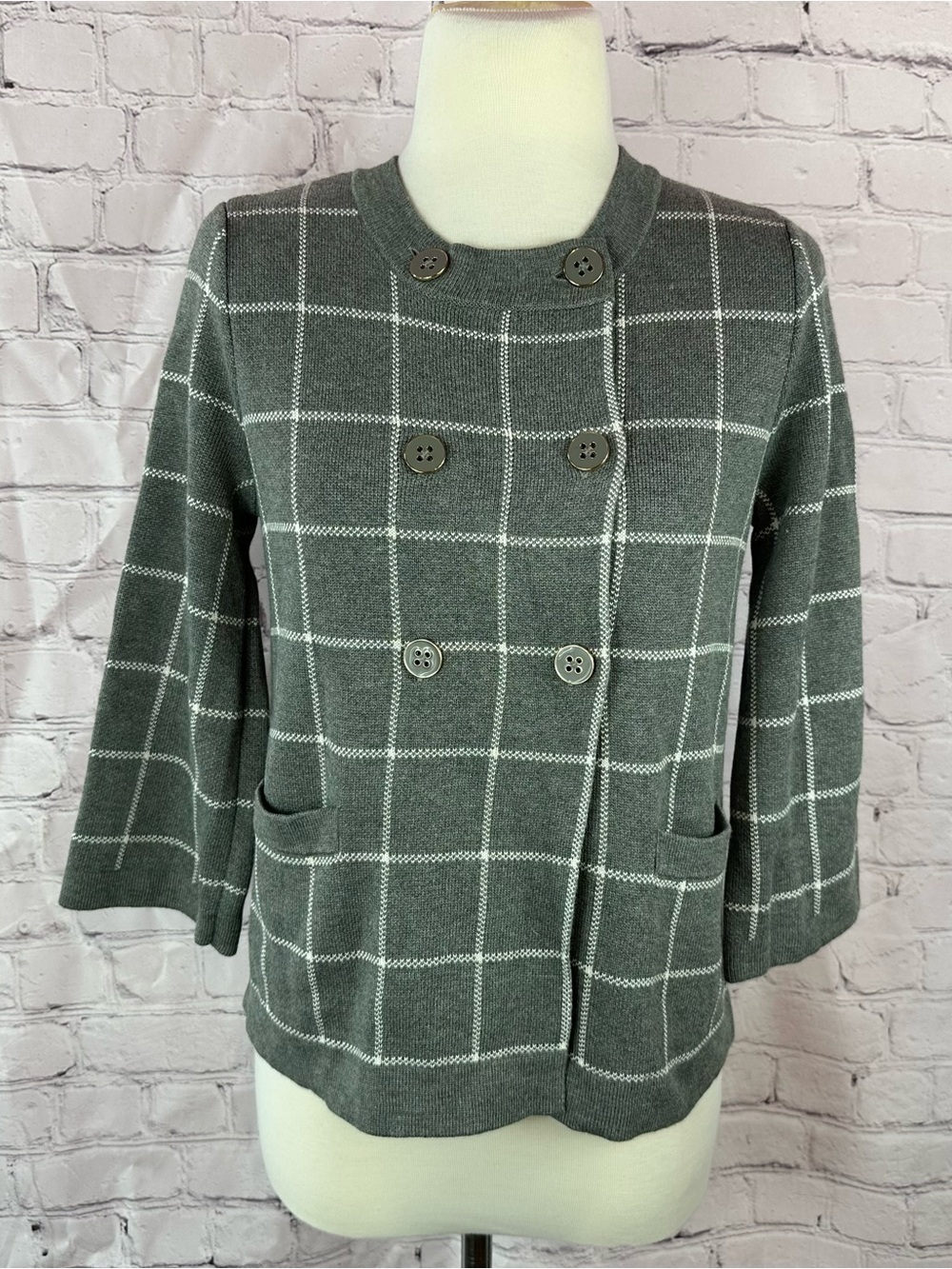 Banana Republic Gray Windowpane check Double-Breasted cardigan sweater women XS